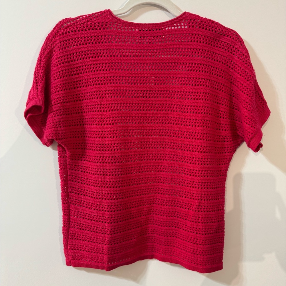 Jones New York Open-Front Short Sleeve Crochet Cardigan - Fuchsia - Picture 3 of 6